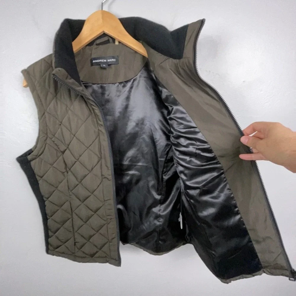 Andrew Marc Quilted Vest Women XL Olive Full Zip Ribbed Trim Puffer Outdoor Hike